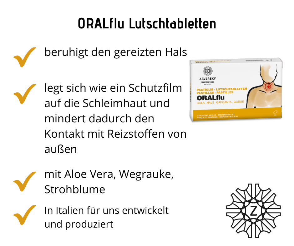 ORALflu - Lutschtabletten beruhigt den gereizten Hals bei Apotheke Zaversky