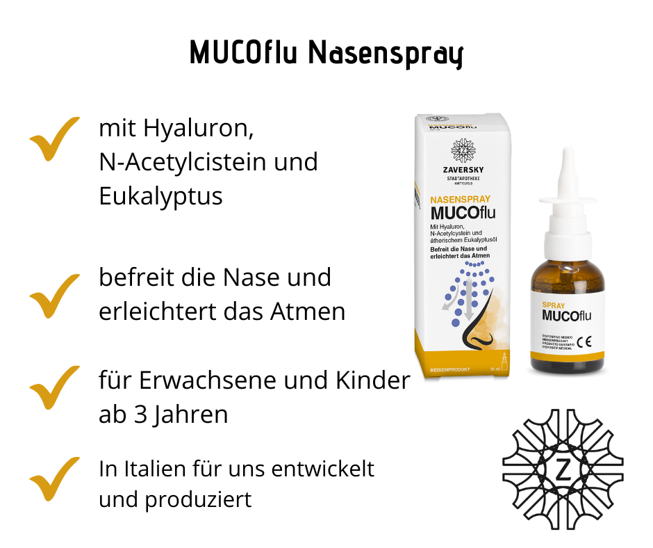 MUCOflu Nasenspray - befeuchtend, überschüssiges Nasensekret wird flüssiger und befreit schnell die Nase bei Apotheke Zaversky