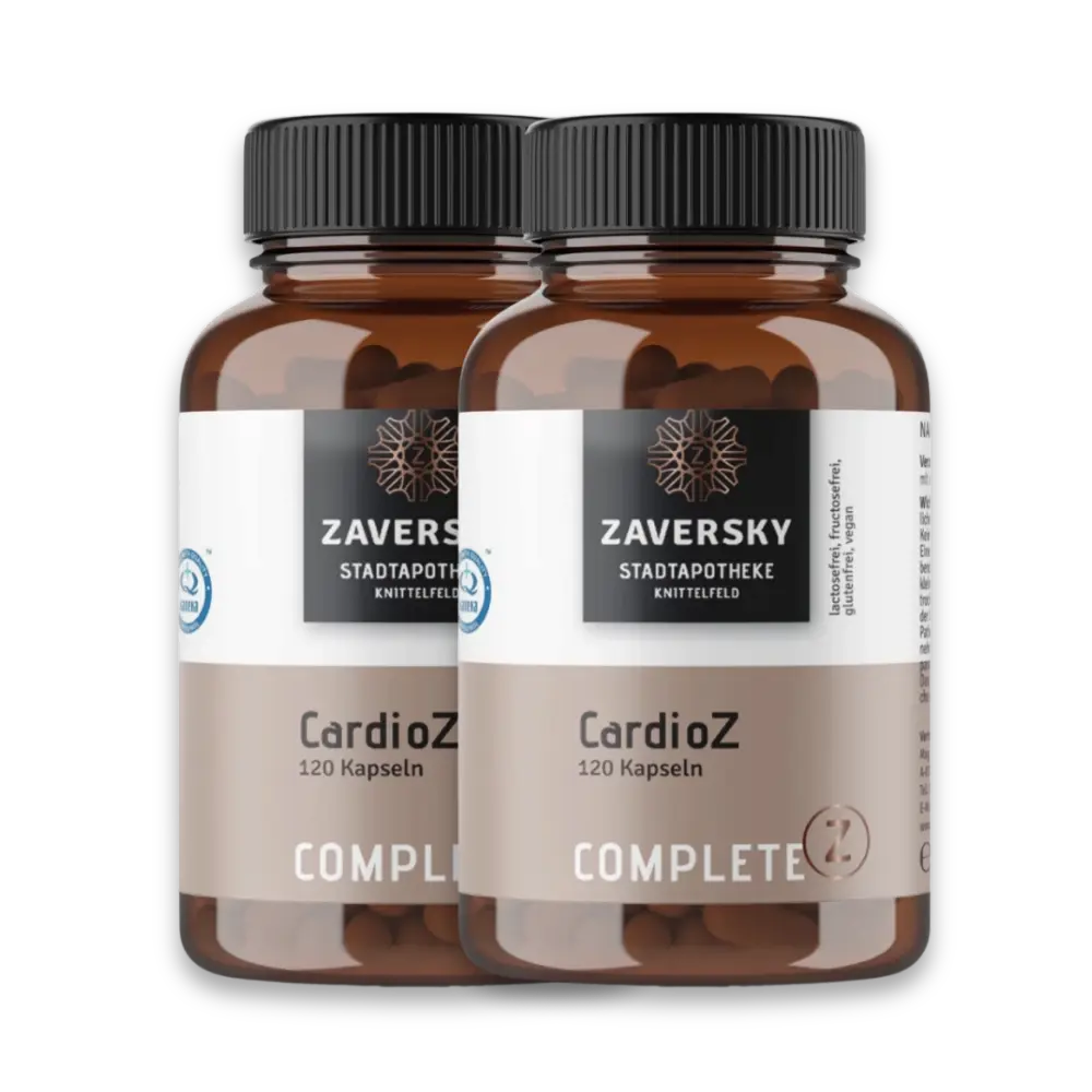 Complete Z CardioZ von Zaversky, zwei braune Kapseldosen mit schwarzem Deckel und beigem Etikett, je 120 Kapseln