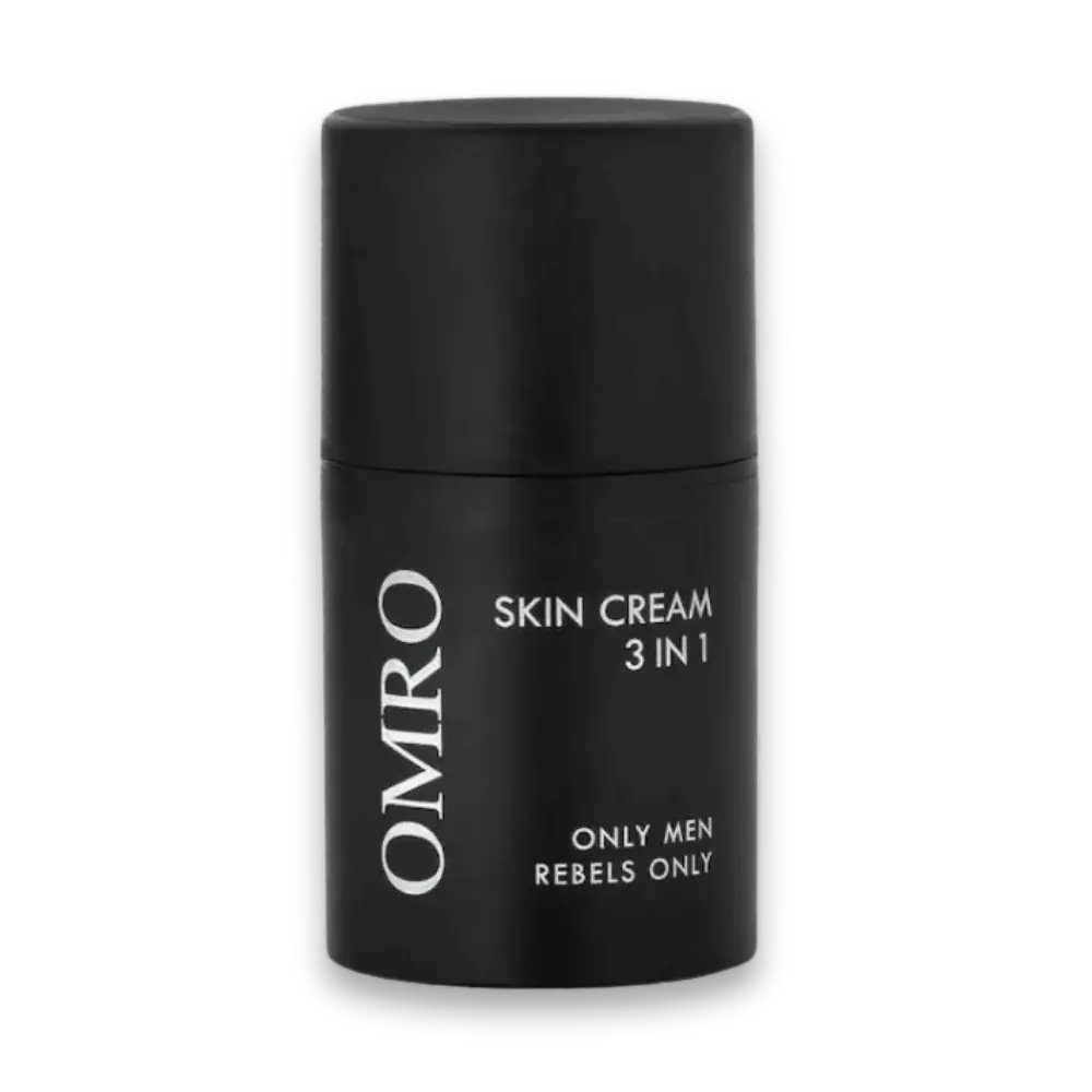 OMRO Skin Cream 3 in 1 in schwarzem zylindrischem Tiegel mit weißer Aufschrift „Only Men Rebels Only“, Vorderansicht