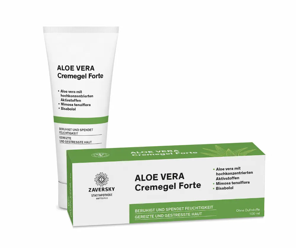 Aloe Vera Cremegel Forte von Zaversky Stadtapotheke, 100 ml Tube mit Faltschachtel, mit Mimosa tenuiflora und Bisabolol, ohne Duftstoffe.