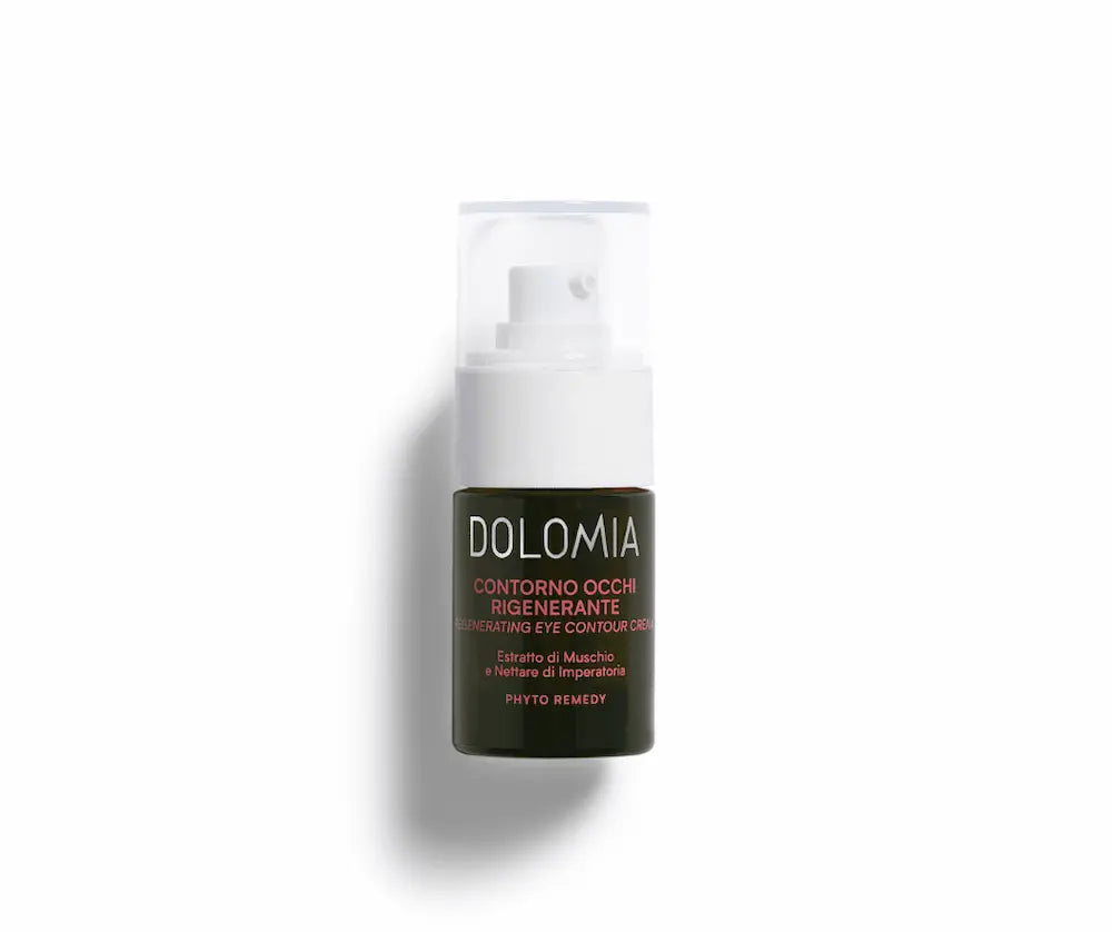 Dolomia Contorno Occhi Rigenerante Augenkonturcreme im dunklen Pumpspender mit weißem Kopf und transparenter Kappe, Vorderansicht