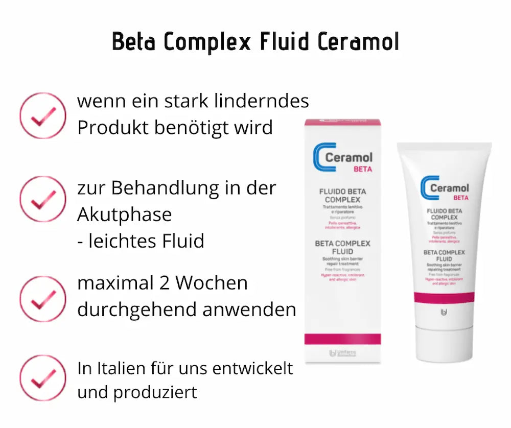 Infografik zu Ceramol Beta Complex Fluid mit Faltschachtel und weißer Tube sowie vier Häkchen-Punkten zu Anwendung und Herkunft