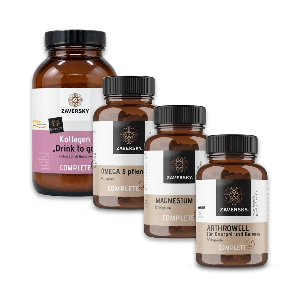 Zaversky COMPLETE Z: Kollagen „Drink to go“, Omega 3, Magnesium und Arthrowell in braunen Glasdosen mit schwarzem Deckel