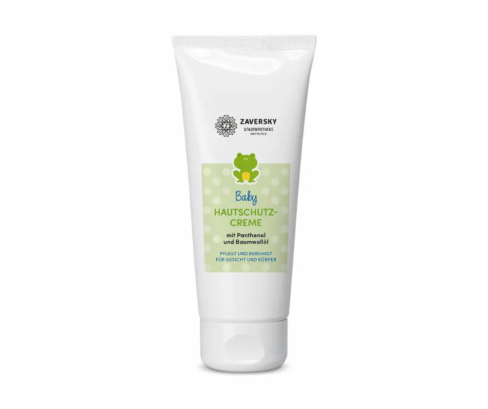 Weiße Tube Zaversky Baby Hautschutzcreme mit Panthenol und Baumwollöl, grünes Etikett mit Frosch-Motiv, Vorderansicht
