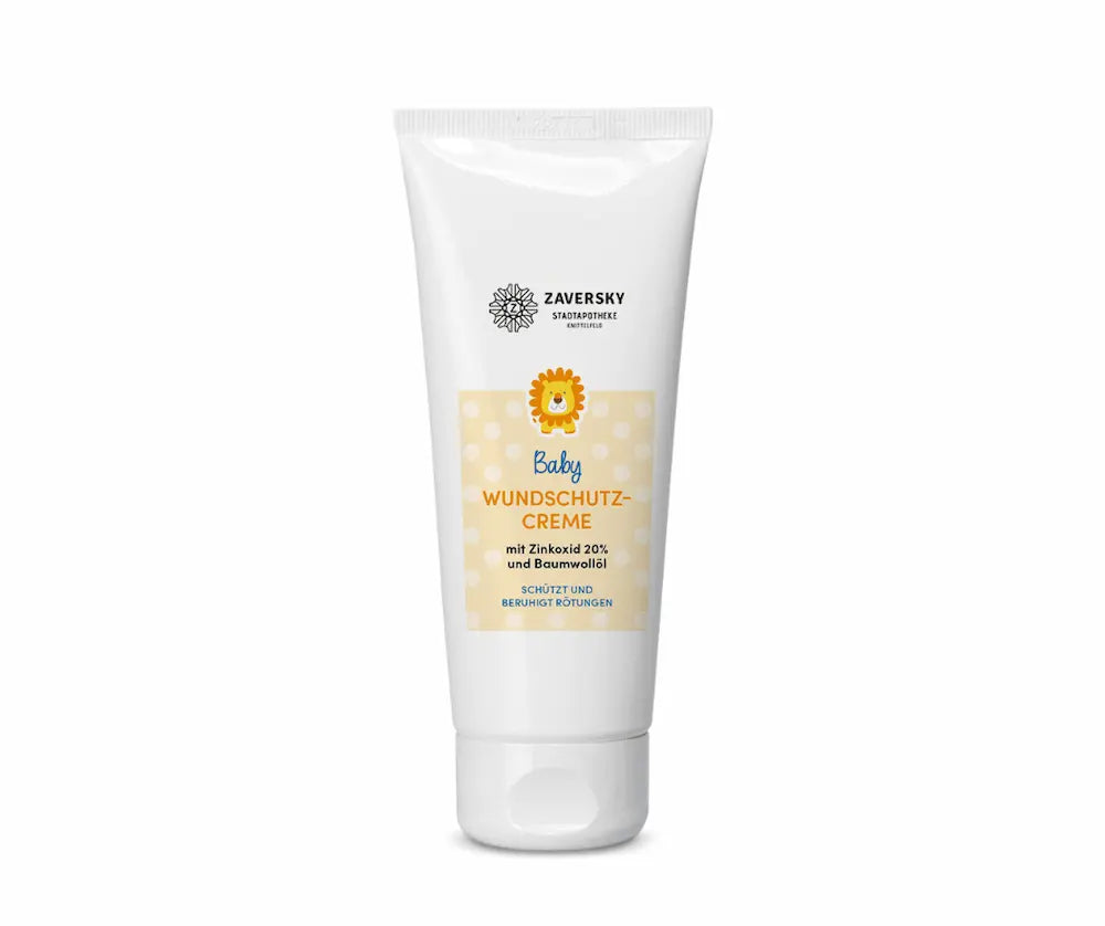 Weiße Tube Zaversky Baby Wundschutz-Creme mit Zinkoxid 20% und Baumwollöl, gelbem Etikett und Löwen-Motiv, Vorderansicht