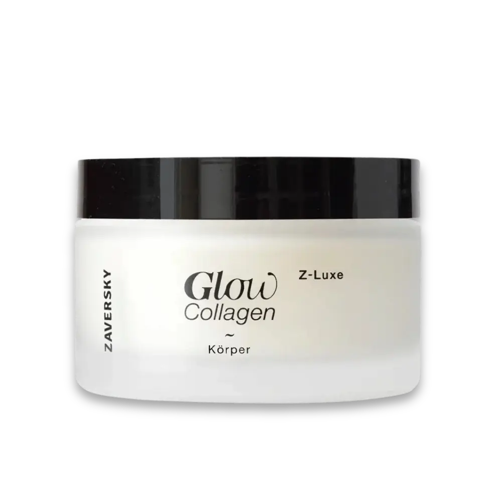 Zaversky Glow Collagen Körpercreme Z-Luxe im weißen Milchglas-Tiegel mit schwarzem Deckel, Vorderansicht