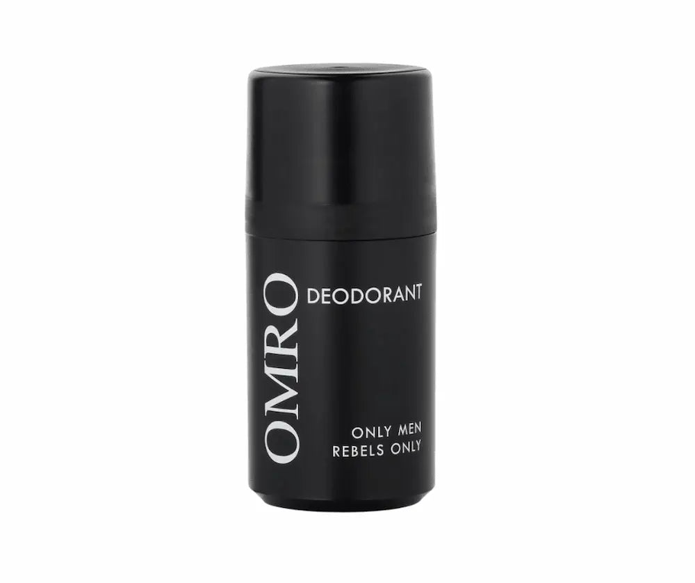 OMRO Deodorant in schwarzer Roll-on-Flasche mit weißer Aufschrift „Only Men Rebels Only“, Vorderansicht