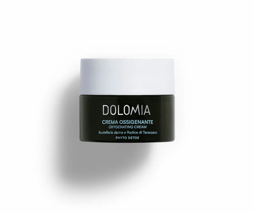 DOLOMIA Crema Ossigenante Oxygenating Cream im dunkelgrünen Tiegel mit weißem Deckel, Aufschrift Phyto Detox, Vorderansicht
