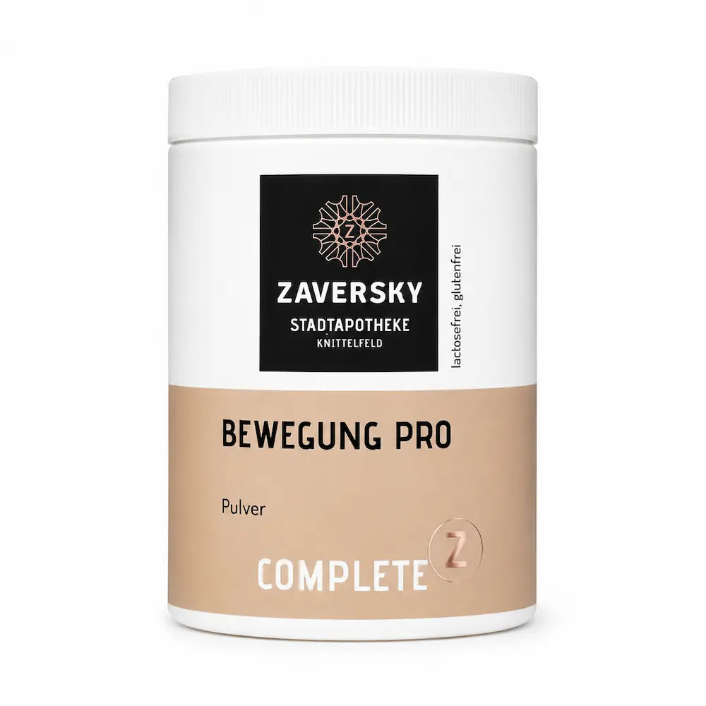 Zaversky Bewegung Pro Complete Pulverdose, weiß mit beigem Etikett, Hinweis lactosefrei und glutenfrei, Vorderansicht
