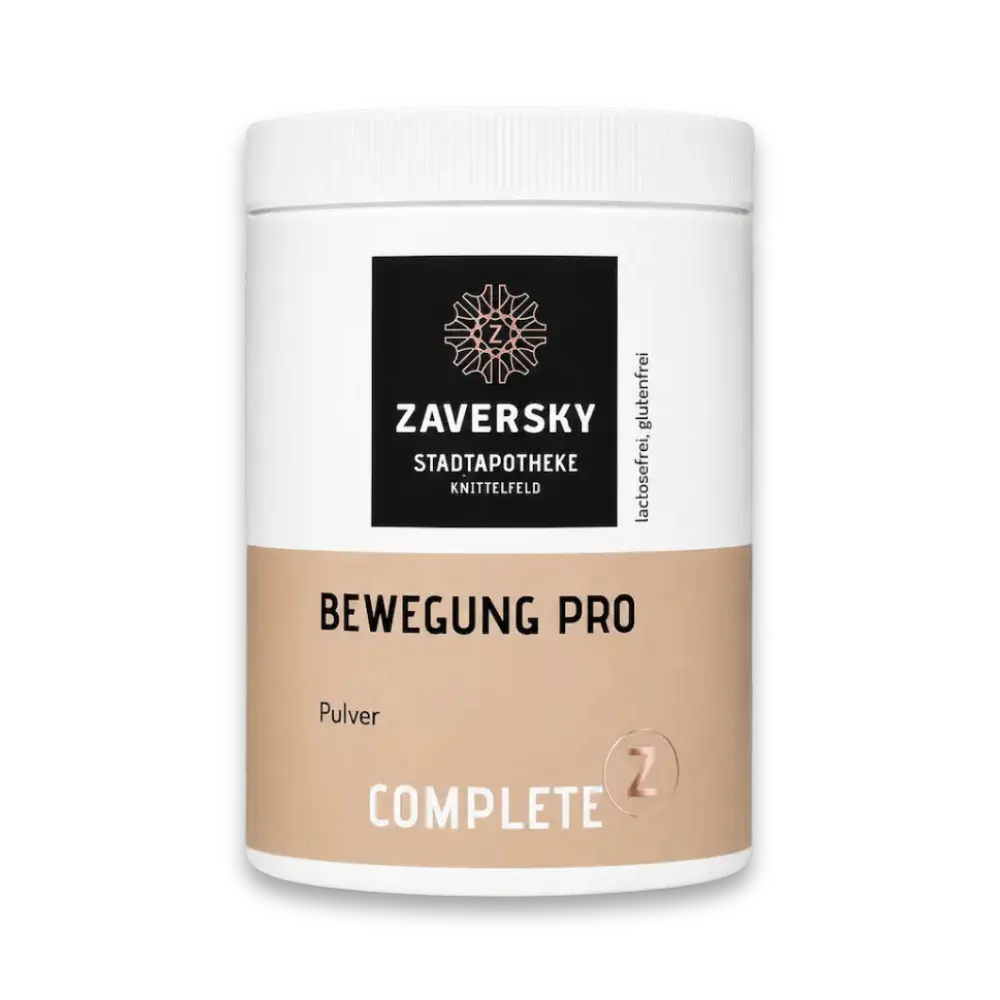 Zaversky Bewegung Pro Complete Pulverdose, weiß mit beigem Etikett, Hinweis lactosefrei und glutenfrei, Vorderansicht