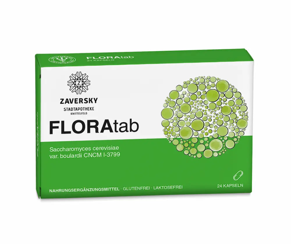 FLORAtab Verpackung der Zaversky Stadtapotheke in Grün-Weiß mit 24 Kapseln, Saccharomyces cerevisiae var. boulardii, glutenfrei und laktosefrei.