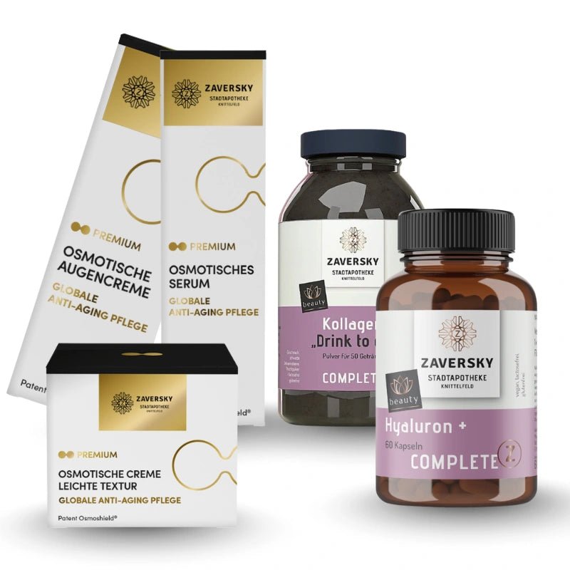 Zaversky Stadtapotheke Anti-Aging Set mit osmotischer Augencreme, Serum, Creme, Kollagen-Pulver und Hyaluron-Kapseln