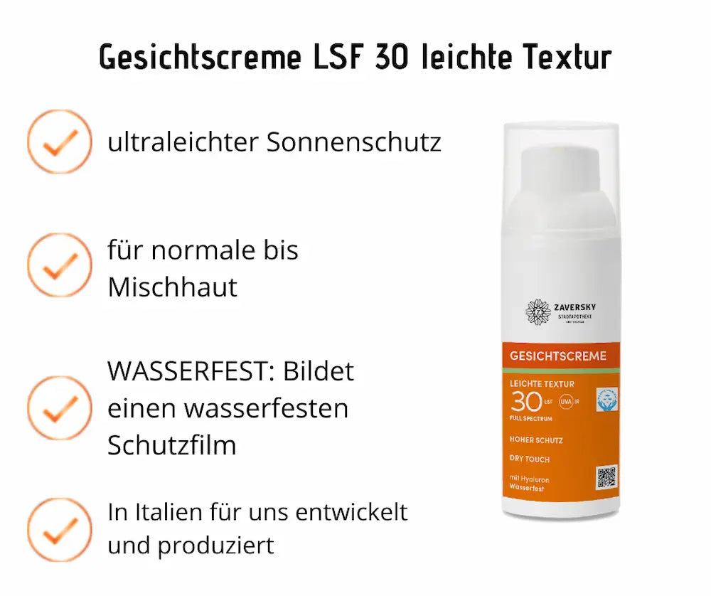Zaversky Gesichtscreme LSF 30 mit leichter Textur in weißem Spender, Infografik mit ultraleichtem Sonnenschutz, wasserfestem Schutzfilm und Hyaluron