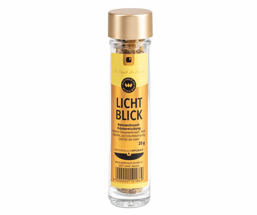 Glasflasche mit goldenem Deckel und gelbem Etikett Lichtblick Naturweihrauch-Kräutermischung 20 g, Vorderansicht