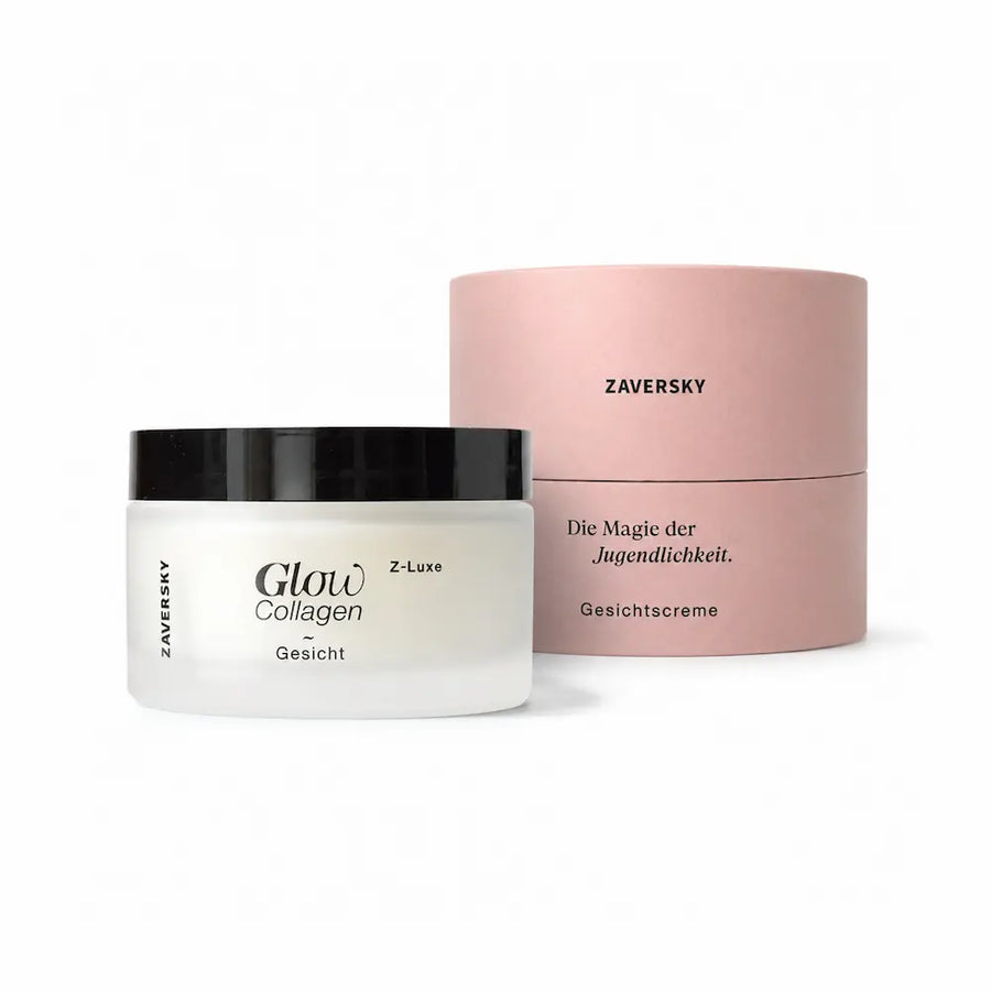 Zaversky Z-Luxe Glow Collagen Gesichtscreme im weißen Tiegel mit schwarzem Deckel neben rosafarbener Verpackung