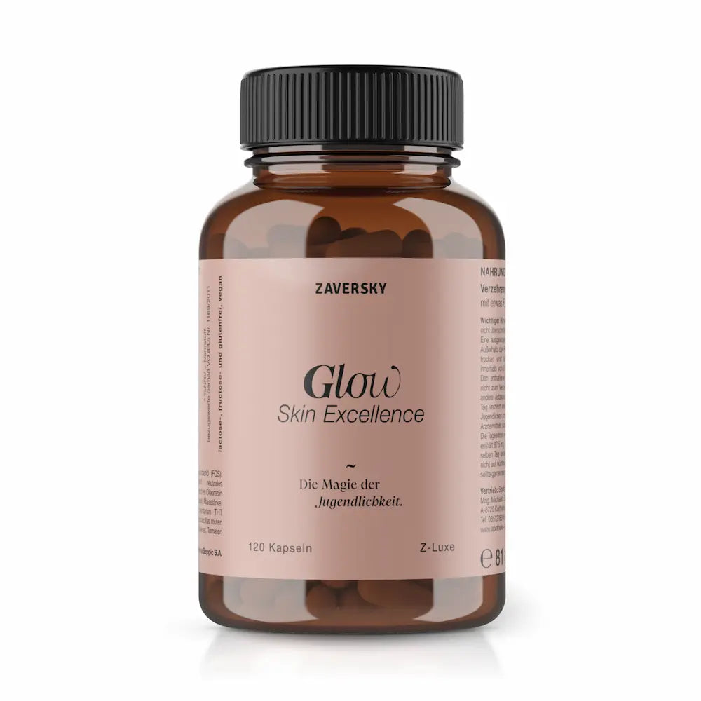 Zaversky Glow Skin Excellence Kapseln in Braunglas mit roséfarbenem Etikett, 120 Kapseln, laktose-, fructose- und glutenfrei, vegan, Z-Luxe