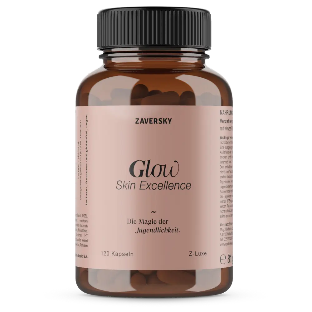 Zaversky Glow Skin Excellence Kapseln in Braunglas mit roséfarbenem Etikett, 120 Kapseln, laktose-, fructose- und glutenfrei, vegan, Z-Luxe