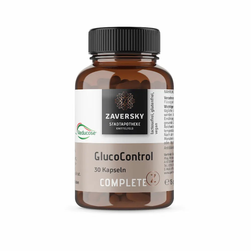 GlucoControl Complete mit 30 Kapseln in brauner Glasflasche mit schwarzem Deckel, Zaversky Stadtapotheke Knittelfeld, laktosefrei, glutenfrei, vegan