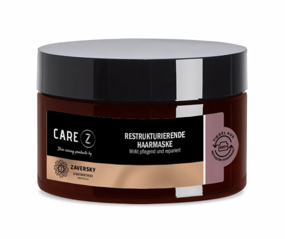 Care Z Restrukturierende Haarmaske im braunen Tiegel mit schwarzem Deckel, Hinweis auf Tiegel aus 100 % recyceltem Kunststoff