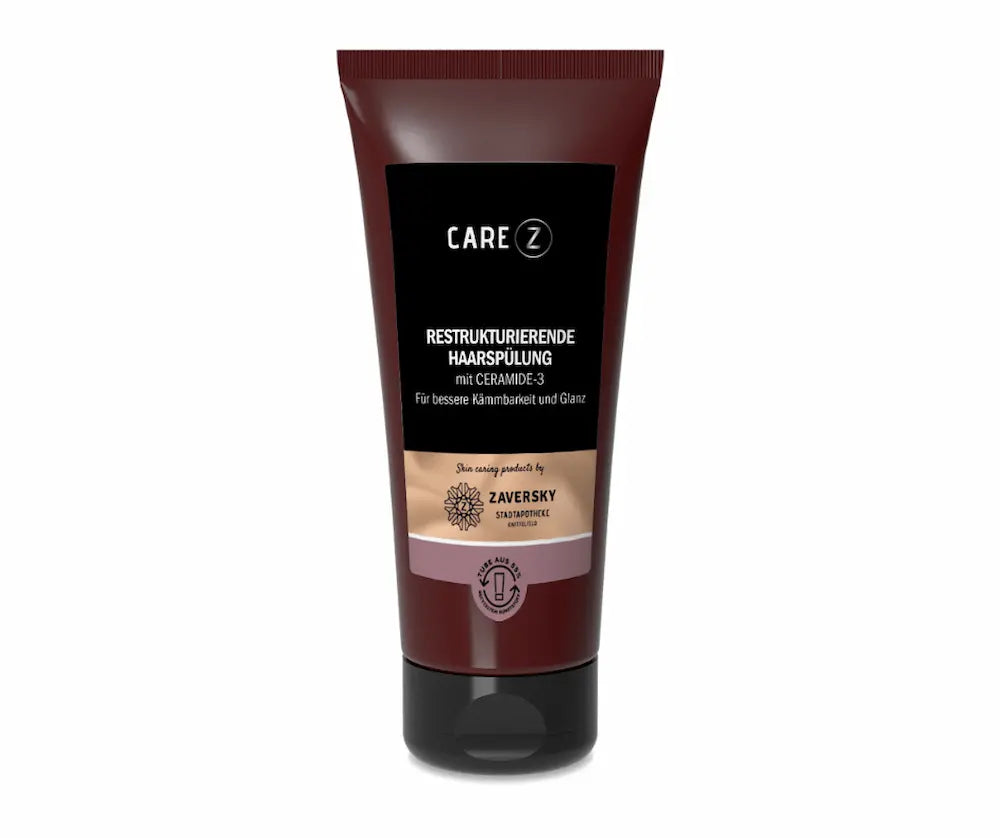 Restrukturierende Haarspülung von Care Z mit Ceramide-3 in brauner Tube mit schwarzem Schraubverschluss, Zaversky Stadtapotheke Knittelfeld.