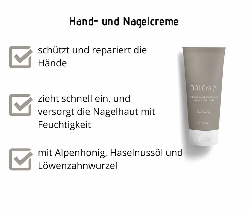 Infografik zur Dolomia Hand- und Nagelcreme in beiger Tube mit weißem Verschluss, daneben drei Produktvorteile mit Häkchen