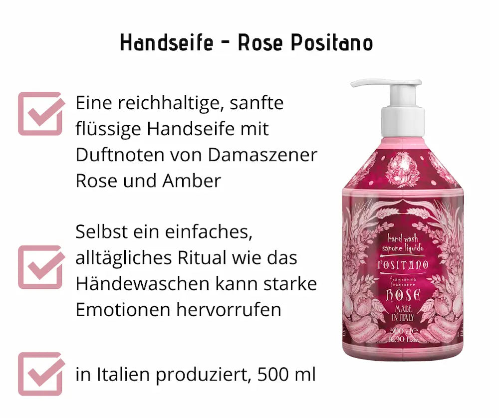 Flüssige Handseife Rose Positano in rosa Pumpflasche, 500 ml, mit Duftnoten von Damaszener Rose und Amber, hergestellt in Italien
