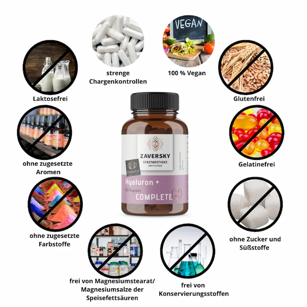 Zaversky Hyaluron + Complete Kapseln in brauner Dose mit 60 Kapseln, umgeben von Symbolen für vegan, laktosefrei, glutenfrei und gelatinefrei.