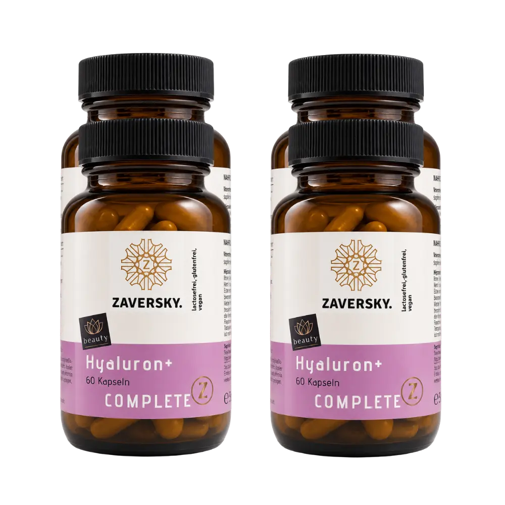 ZAVERSKY Complete Z Hyaluron+ 60 Kapseln: zwei Braunglasdosen mit schwarzem Deckel und weiß-violettem Etikett, Vorderansicht