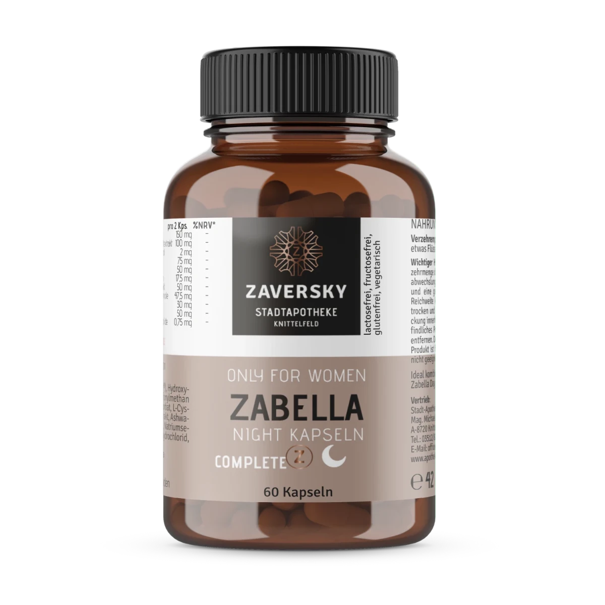 Braune Glasflasche Zaversky Zabella Night Kapseln Complete, Only for Women, 60 Kapseln, Vorderansicht mit Etikett