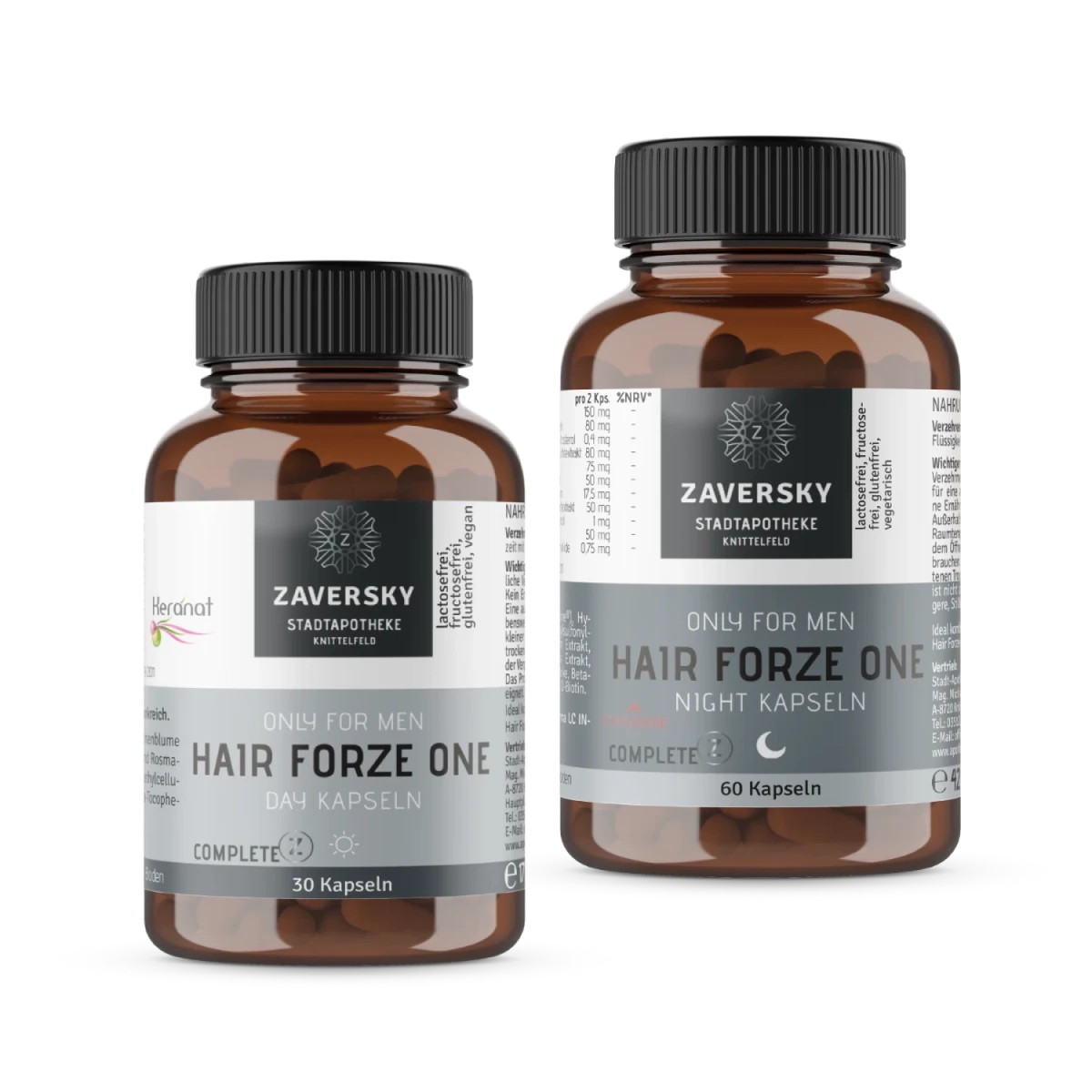 Zwei braune Kapselgläser Zaversky Hair Forze One Only for Men, Day Kapseln mit 30 Stück und Night Kapseln mit 60 Stück