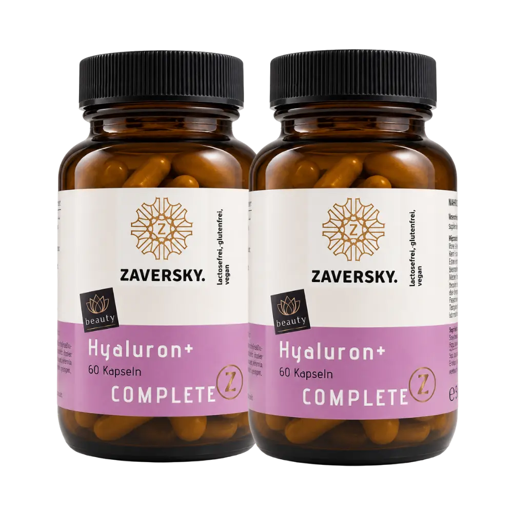 Zwei braune Glasdosen ZAVERSKY Hyaluron+ COMPLETE mit je 60 Kapseln, schwarzem Deckel und rosa-weißem Etikett