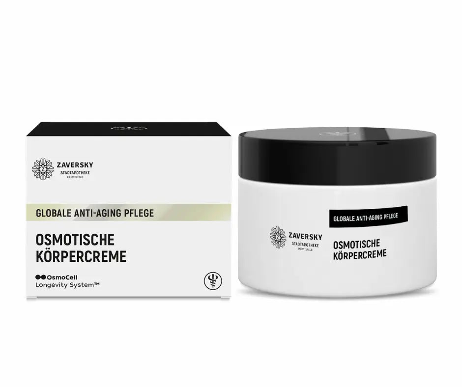 Zaversky Osmotische Körpercreme im weißen Tiegel mit schwarzem Deckel neben passender Verpackung, globale Anti-Aging Pflege