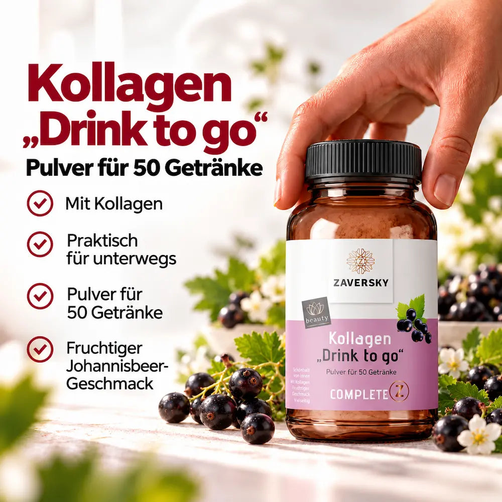 KI generiert - Zaversky Kollagen „Drink to go“ Pulver in brauner Dose mit Johannisbeeren, Checkliste zu 50 Getränken und Johannisbeer-Geschmack
