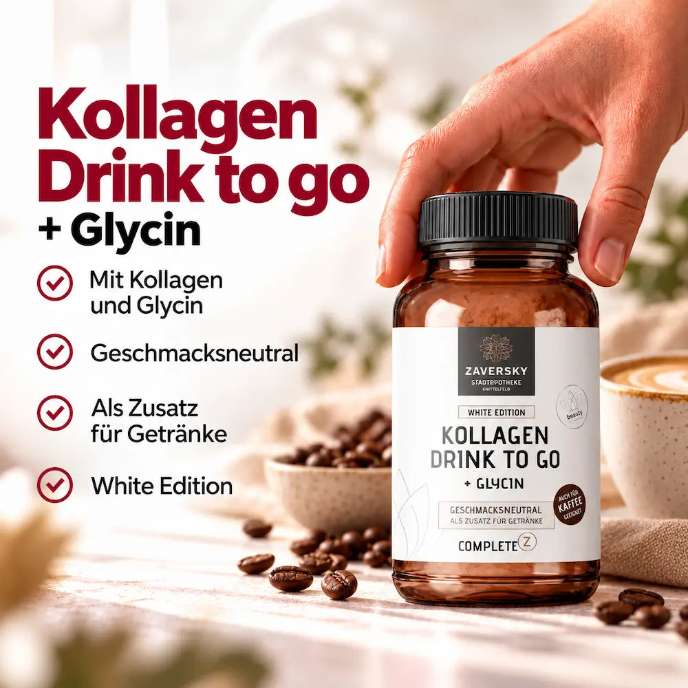 KI generiert - Complete Z Kollagen Drink to go + Glycin White Edition in brauner Dose mit Kaffeebohnen, Checkliste: geschmacksneutral, für Getränke