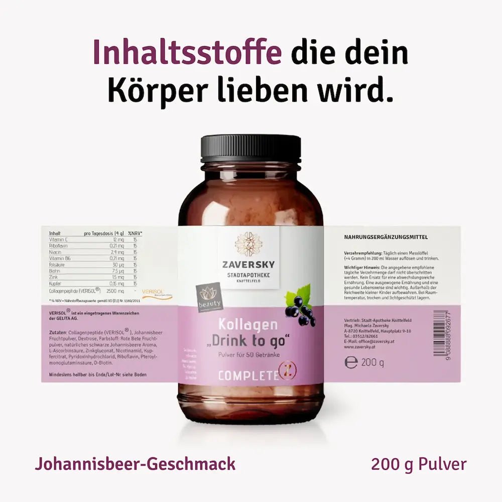 Kollagen "Drink to Go" mit Johannisbeerfruchtpulver - Nahrungsergänzung - Apotheke Zaversky