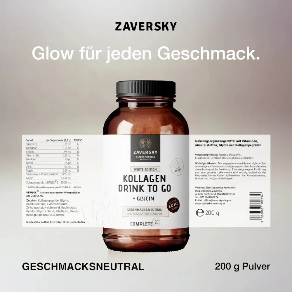 Zaversky Kollagen Drink to Go White Edition mit Glycin, geschmacksneutrales Pulver in brauner Glasdose, 200 g, mit ausgeklapptem Etikett