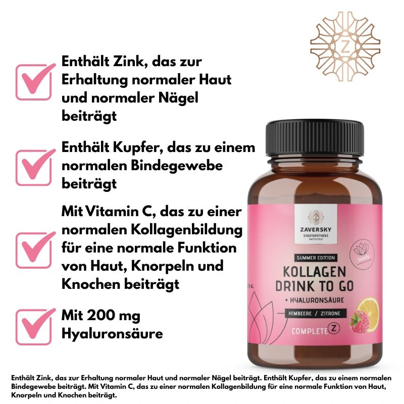Kollagen Drink to Go "Sommer Edition" Himbeere - Zitrone mit Hyaluronsäure (50 Portionen) - Nahrungsergänzung - Apotheke Zaversky