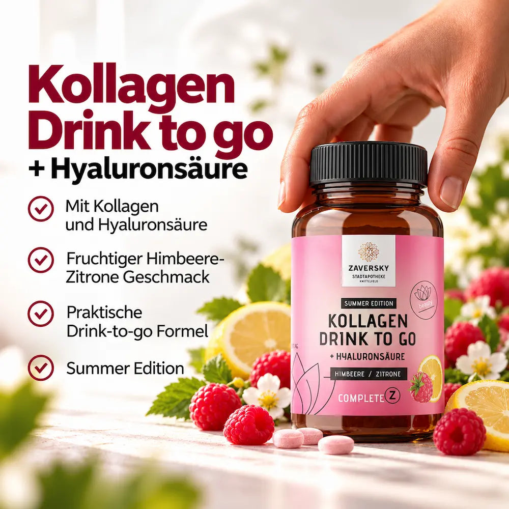KI generiert - Zaversky Kollagen Drink to go + Hyaluronsäure Summer Edition Himbeere-Zitrone in Braunglasdose mit Himbeeren, Zitronen und rosa Tabletten