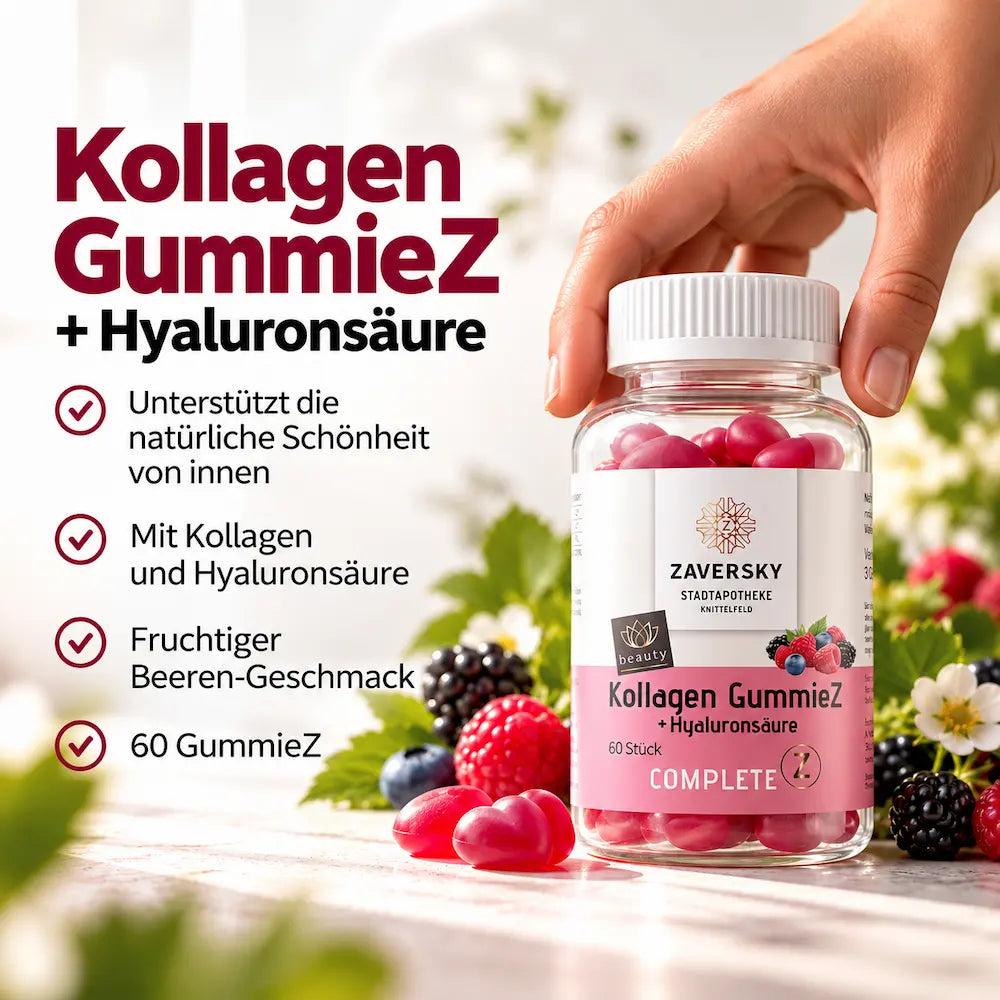 KI generiert - Kollagen GummieZ + Hyaluronsäure von Complete Z: Hand hält Dose mit roten Fruchtgummis, dazu Beeren und Checkliste mit 60 Stück