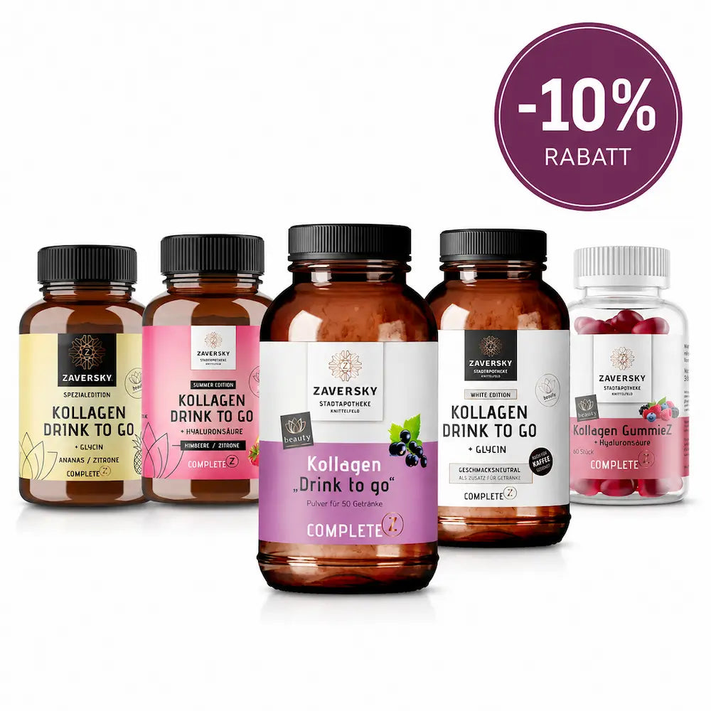 Fünf braune Zaversky Kollagenprodukte nebeneinander, vorne Kollagen Drink to go mit lila Etikett, rechts oben Störer mit -10% Rabatt