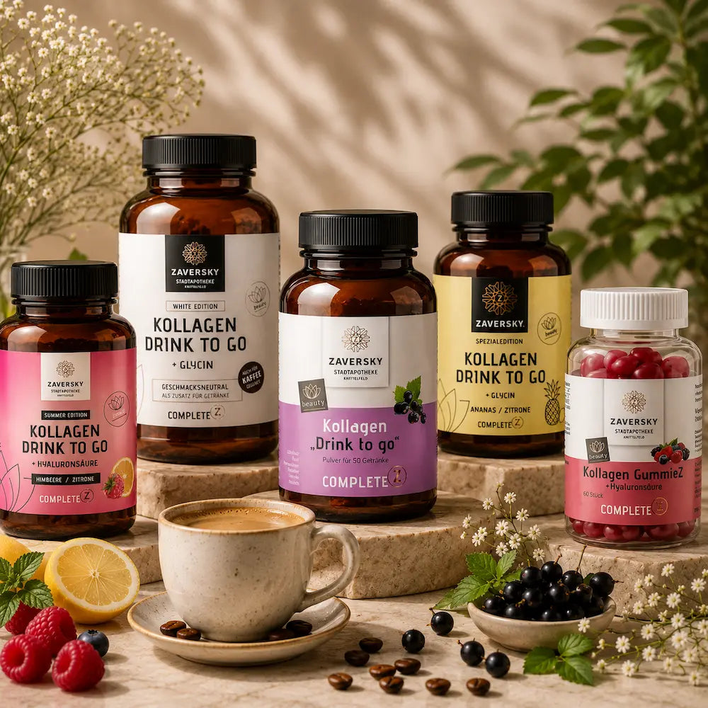 Zaversky Kollagen-Sortiment mit fünf Produkten auf Steinblöcken, davor Kaffeetasse, frische Früchte und Beeren