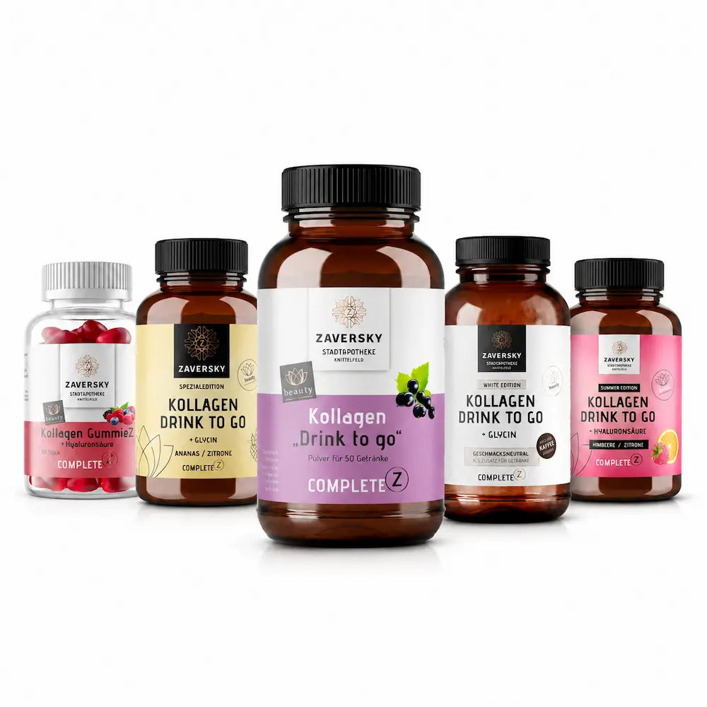 Fünf Zaversky Kollagen-Produkte nebeneinander, mittig die große braune Dose Kollagen Drink to go mit lila Etikett