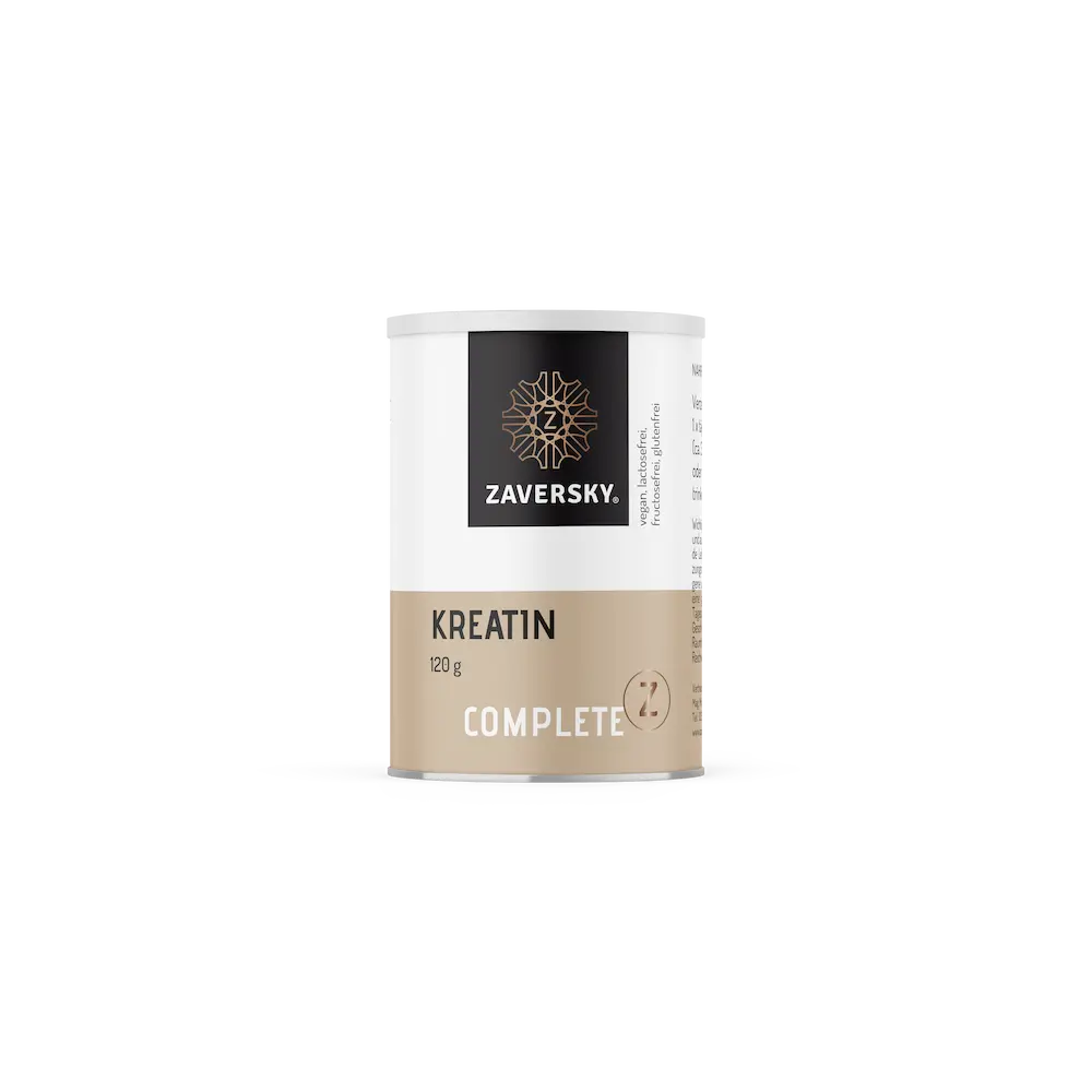 Zaversky Kreatin Complete in beige-weißer Dose, 120 g, mit Hinweisen vegan, lactosefrei, fructosefrei und glutenfrei.
