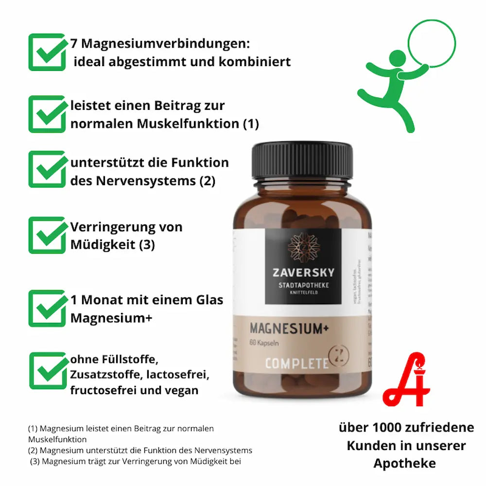 Zaversky Magnesium+ Complete mit 60 Kapseln im Braunglas, daneben Produktmerkmale wie 7 Magnesiumverbindungen, vegan und lactosefrei
