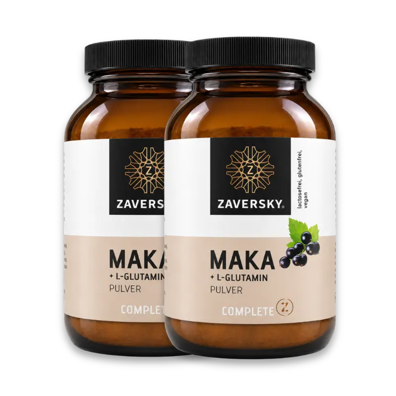 Zaversky Complete Z Maka + L-Glutamin Pulver, zwei braune Glasdosen mit schwarzem Deckel und Johannisbeer-Motiv