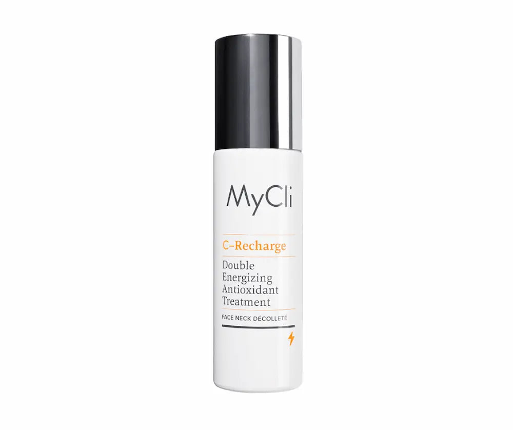 MyCli C-Recharge Double Energizing Antioxidant Treatment in weißem Spender mit silberner Kappe für Gesicht, Hals und Dekolleté, Vorderansicht