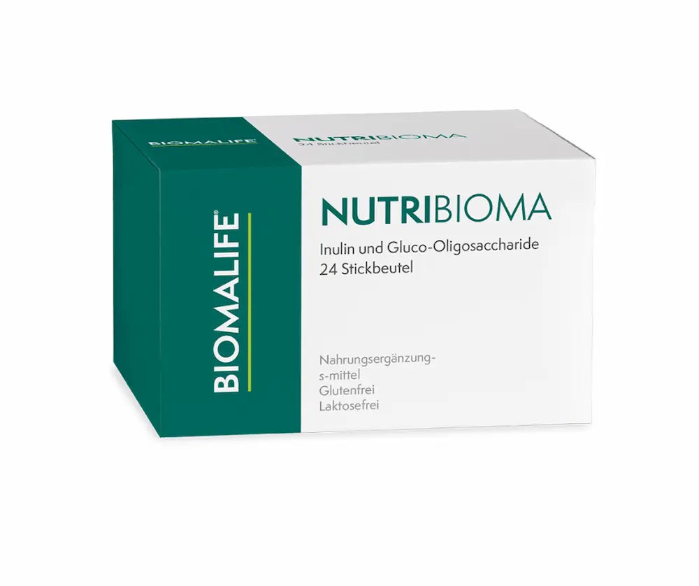 Biomalife Nutribioma Verpackung in Grün und Weiß mit Inulin und Gluco-Oligosaccharide, 24 Stickbeutel, glutenfrei und laktosefrei