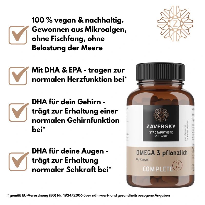 Zaversky Omega 3 pflanzlich Complete, 60 Kapseln im Braunglas, mit Hinweisen zu DHA, EPA, Herz, Gehirn und Sehkraft