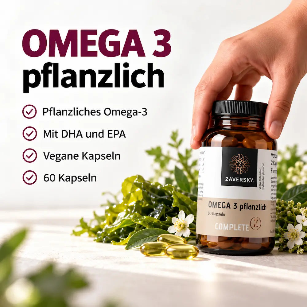 KI generiert - Zaversky Omega 3 pflanzlich von Complete Z: Braunglas mit 60 veganen Kapseln, mit DHA und EPA, daneben Kapseln, Algen und Blüten
